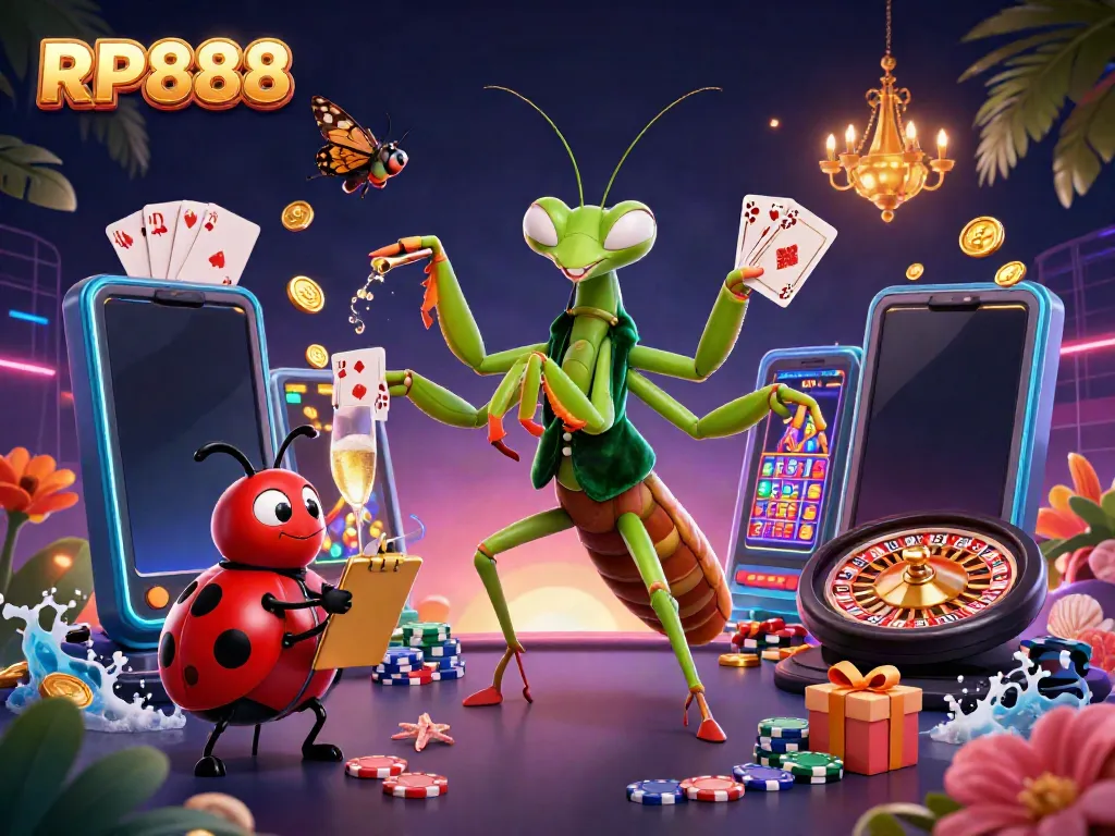 Experience thrilling gameplay with RP888's vibrant casino scene featuring playful cartoon characters.