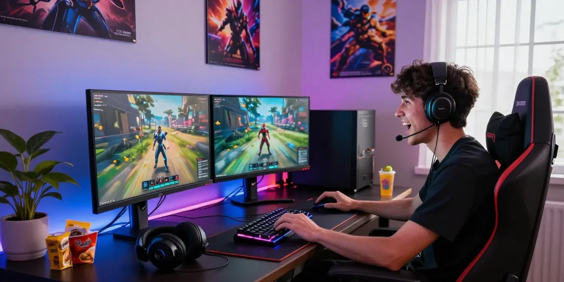 Exciting gamer in a vibrant modern setup showcasing go8 gaming experience with dual monitors and RGB lighting.