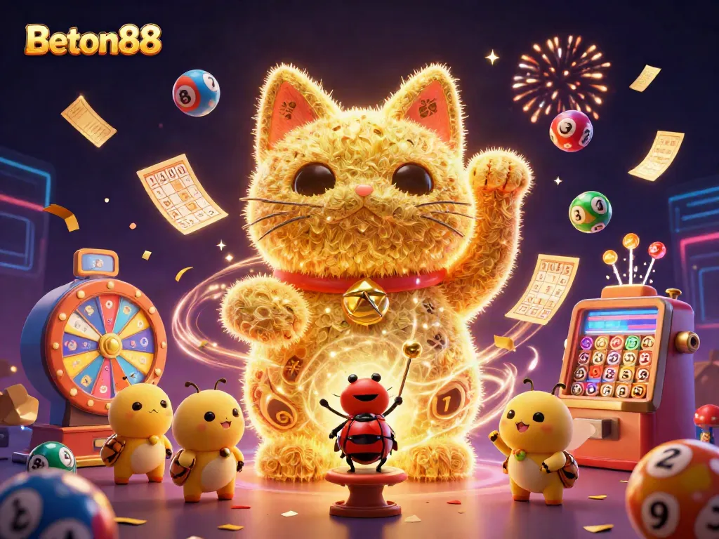 Beton88 menyajikan suasana permainan slot yang meriah dengan kucing keberuntungan unik dan bola lotere berwarna.