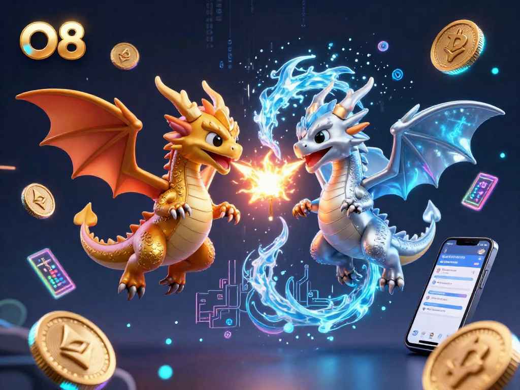 Experience the thrilling dynamics of O8 with fire and ice dragons in an exhilarating 3D rendering of online gambling.