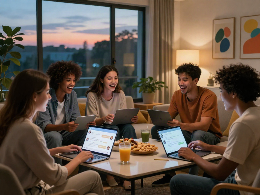 Friends enjoying hentai ai chat experience in a cozy room, showcasing interaction and technology.