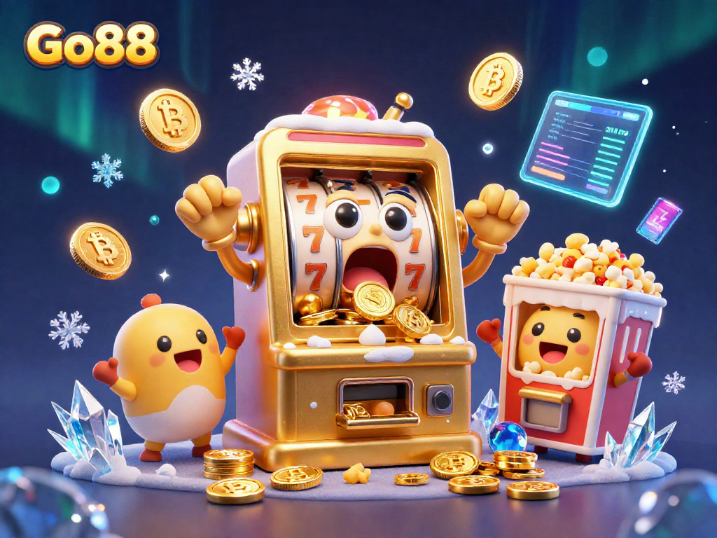 Go88 slot machine celebrates a jackpot win, surrounded by animated coins and 3D graphics