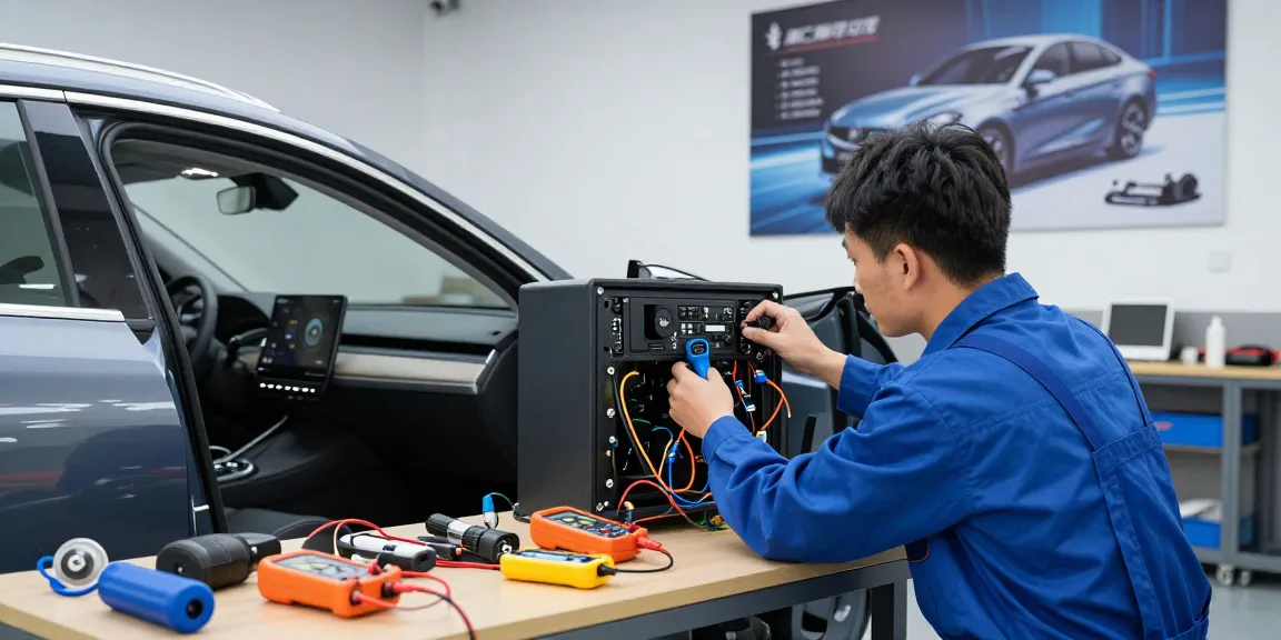 Instalasi adapter Bluetooth Air88 di ruang kerja otomotif, teknisi ahli di tengah alat dan kendaraan.
