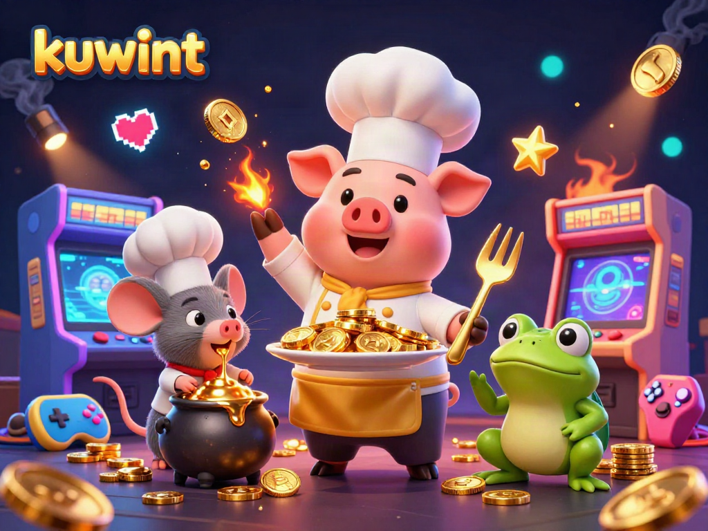 Kuwintt features a vibrant 3D casino scene with animated characters serving gold coins in a gaming atmosphere.