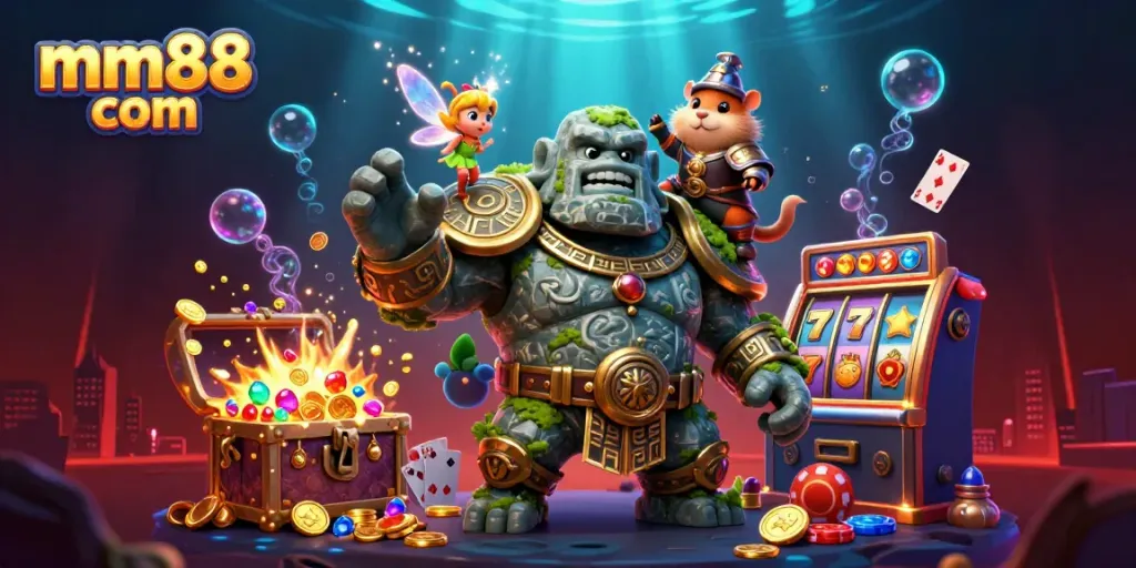 Spin the reels with excitement at mm88 com as the golem guardian and hamster knight join a magical casino adventure.