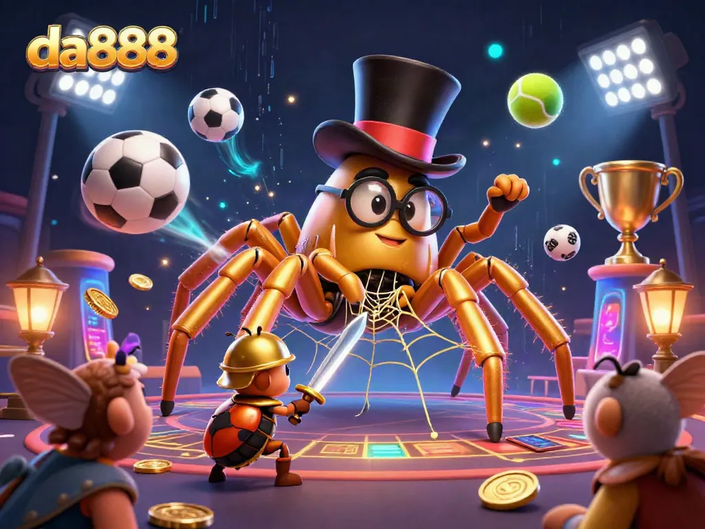 Experience thrilling casino action with da888 in a vibrant, colorful 3D scene featuring a golden tarantula and sports elements.