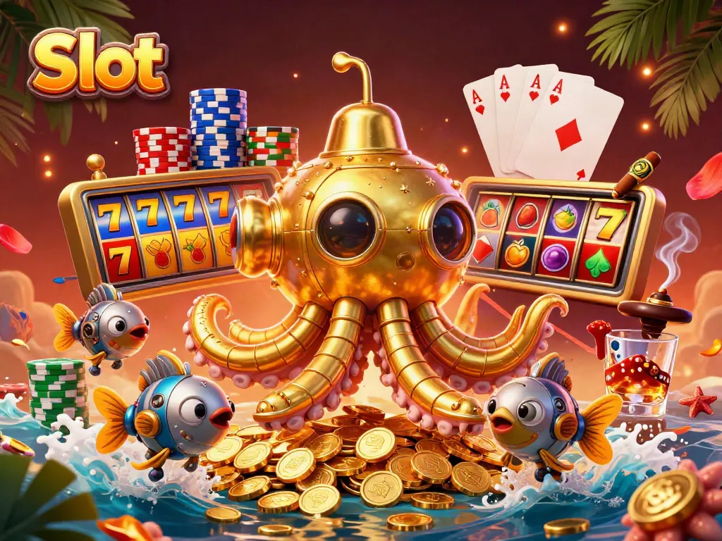 Engaging slot gameplay illustration featuring dynamic golden kraken, vibrant slot reels, and poker elements.
