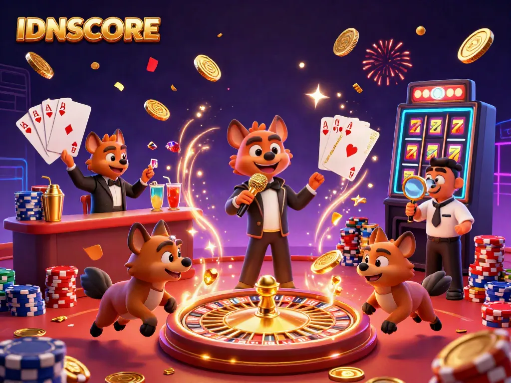 Hyenas run a lively casino scene with cocktails, IDNSCORE branding, and celebratory elements.