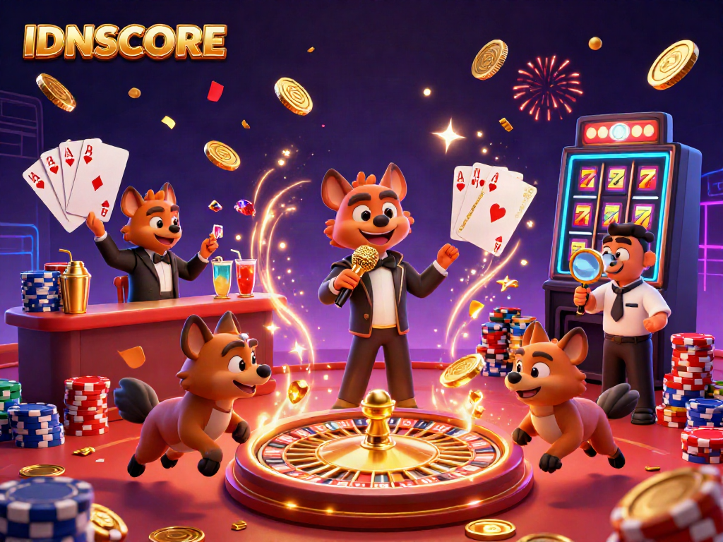 Hyenas run a lively casino scene with cocktails, IDNSCORE branding, and celebratory elements.