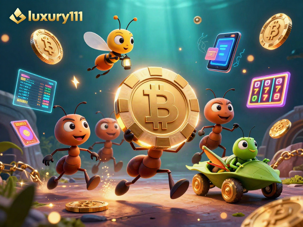 Experience luxury111 with an animated heist scene showcasing oversized poker chips and crypto symbols.