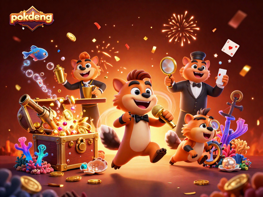 Experience the excitement of pokdeng-online88 with lively hyenas in a comedy casino scene, showcasing vibrant casino elements.