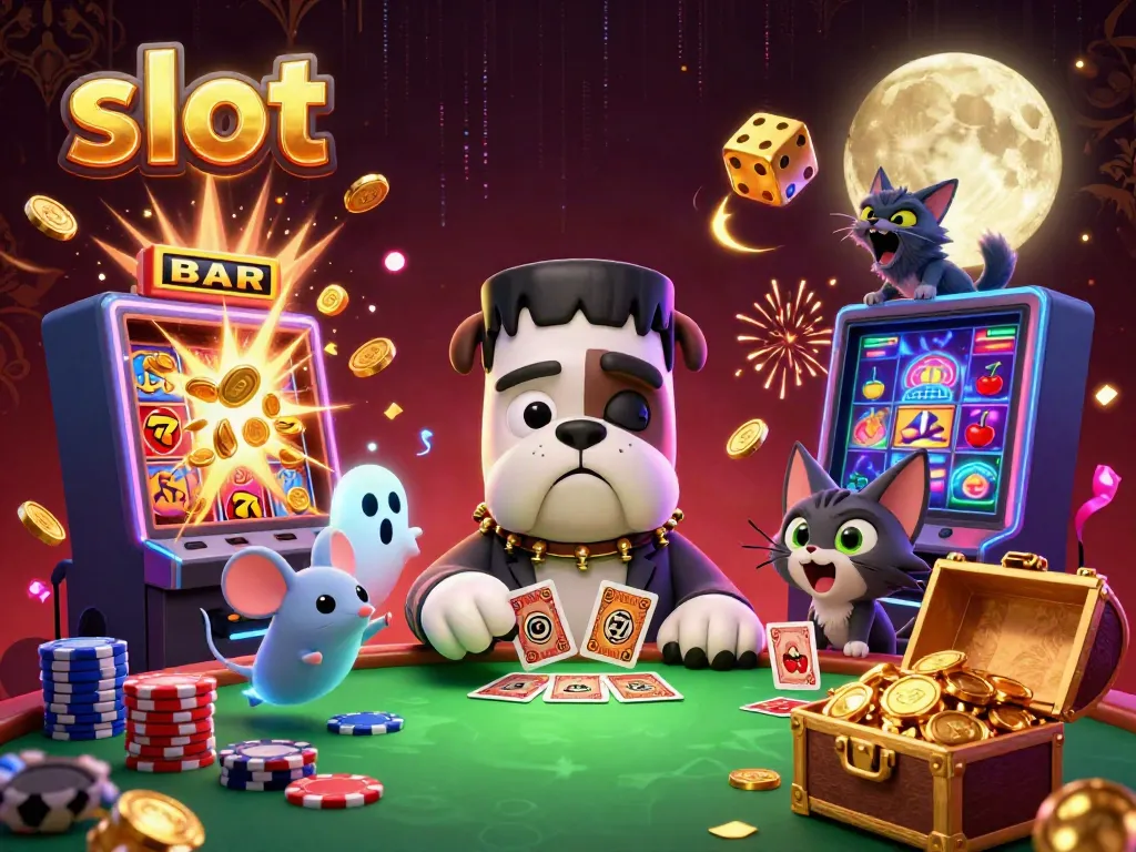 Experience thrilling slot action with a 3D cartoon bulldog dealer, golden dice, and vibrant casino elements.
