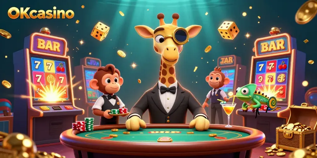สนุกสนานรอบโต๊ะพนันในภาพ 3D สตูดิโอ OKcasino ที่เต็มไปด้วยแสงไฟและโชคดี