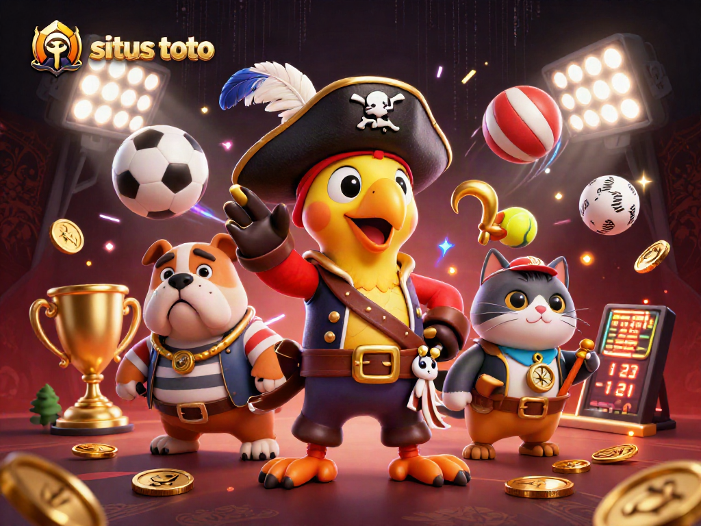 Engaging scene of situs toto betting with a cartoon pirate, bulldog, and ship's cat surrounded by sports elements.