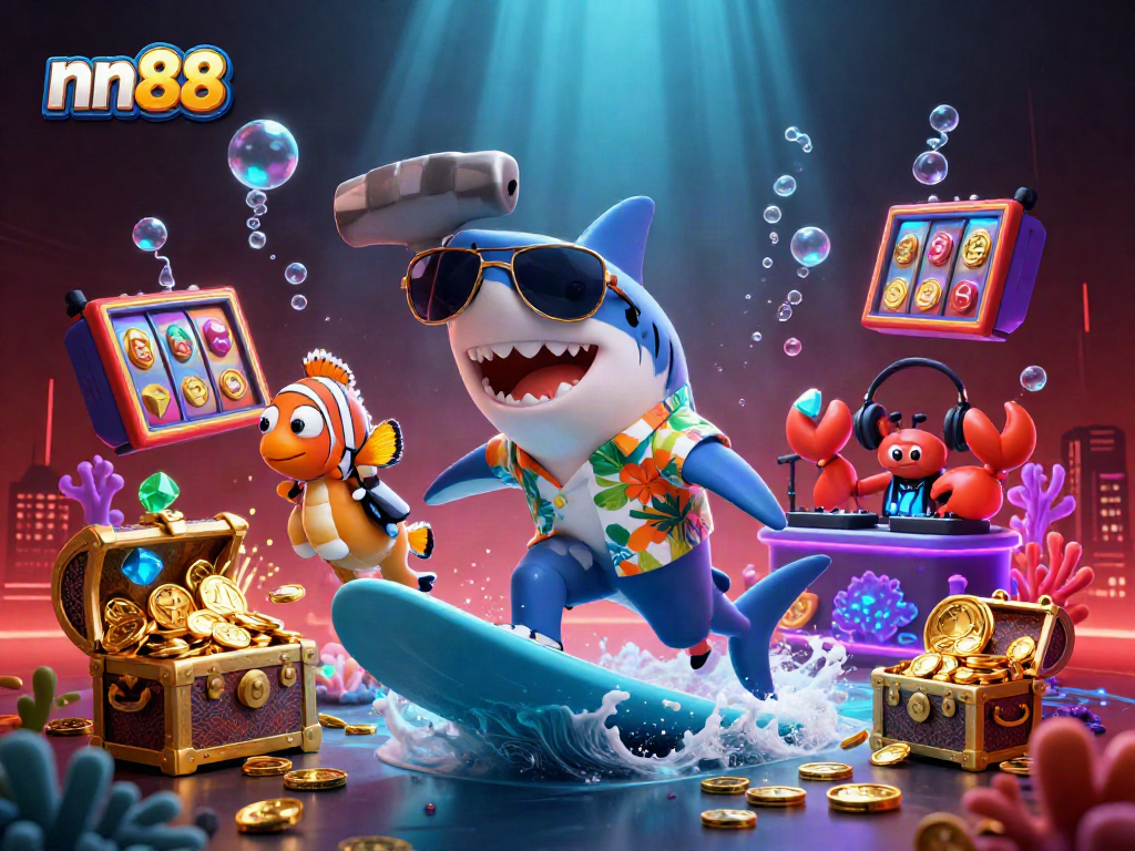 nn88 offers vibrant gaming experiences with a dynamic 3D cartoon illustration highlighting thrilling casino elements.