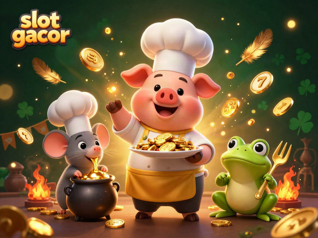 Ilustrasi slot gacor yang hidup di kasino dengan karakter ceria, simbol kemenangan, dan banyak koin emas.