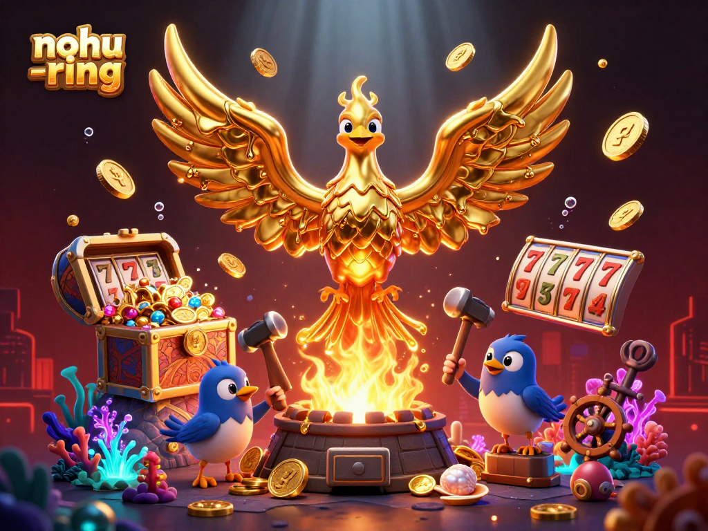 Engage in the nohu-ring action with a molten phoenix and treasure-filled journey in this vibrant illustration.