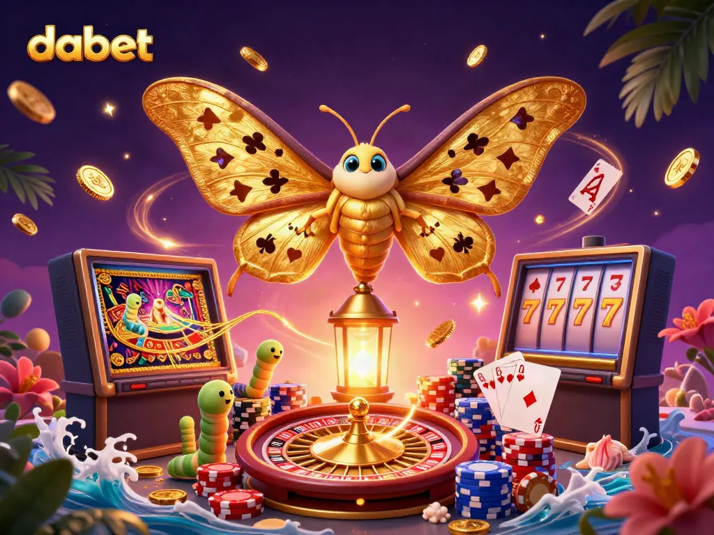 Dabet offers immersive casino experiences with golden moth characters, coins, and dynamic gaming elements.