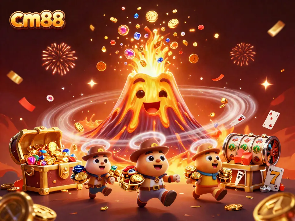 Experience the thrilling world of cm88 with a 3D illustration featuring a golden volcano and treasure-filled underwater elements.