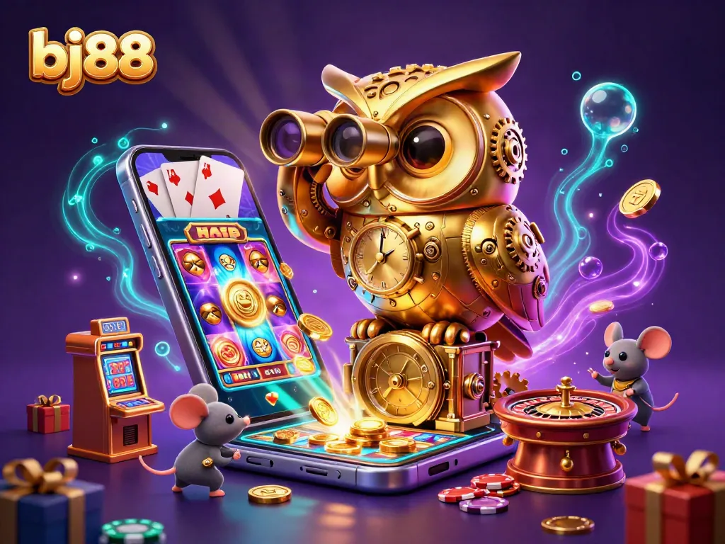 Engaging casino scene showcasing bj88 with a clockwork owl and dynamic gaming elements.
