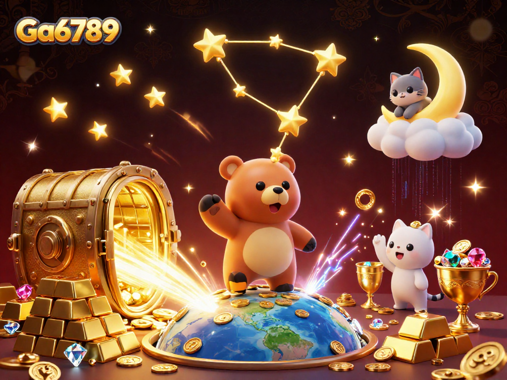 Experience Ga6789's vibrant casino magic with golden treasures and celestial characters.