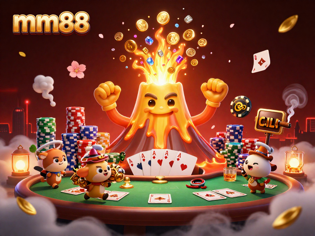 Experience the excitement of mm88 with a lively 3D illustration of a volcano erupting coins, poker elements, and explorer animals.