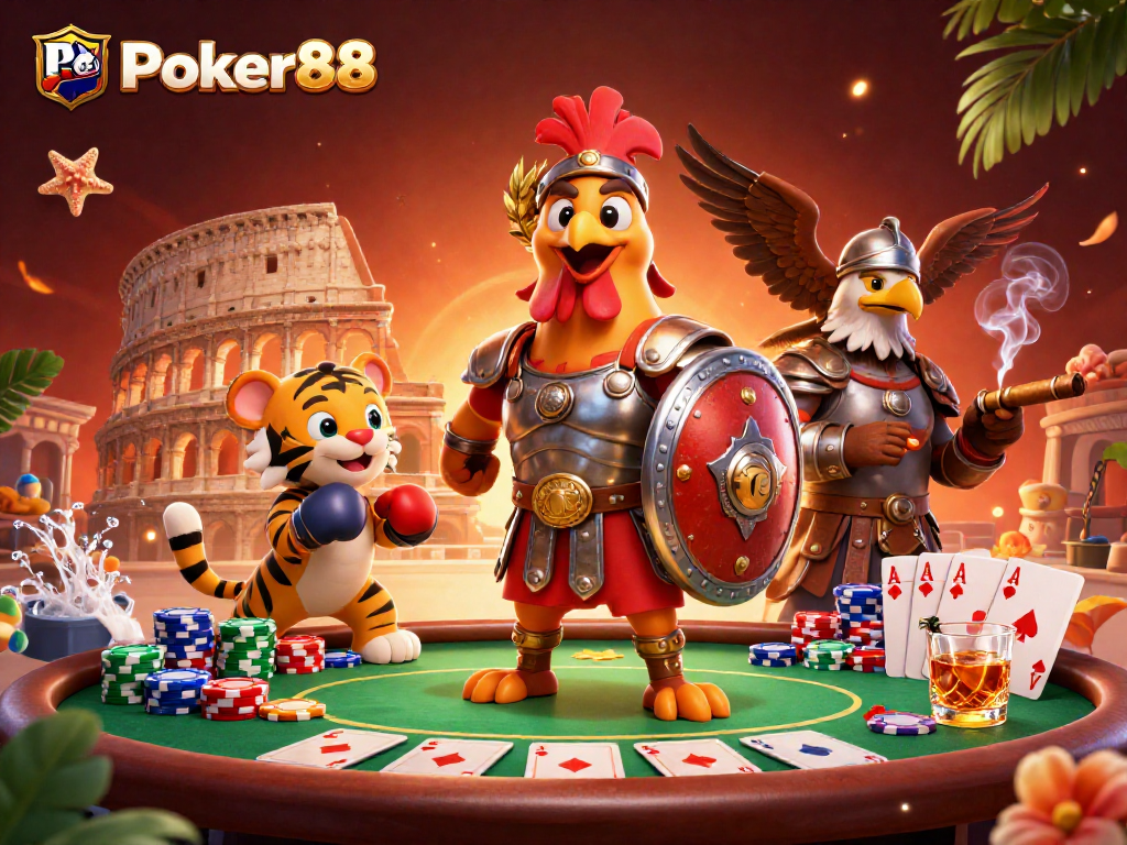 Experience Poker88 excitement with a gladiator rooster in a vibrant colosseum scene.