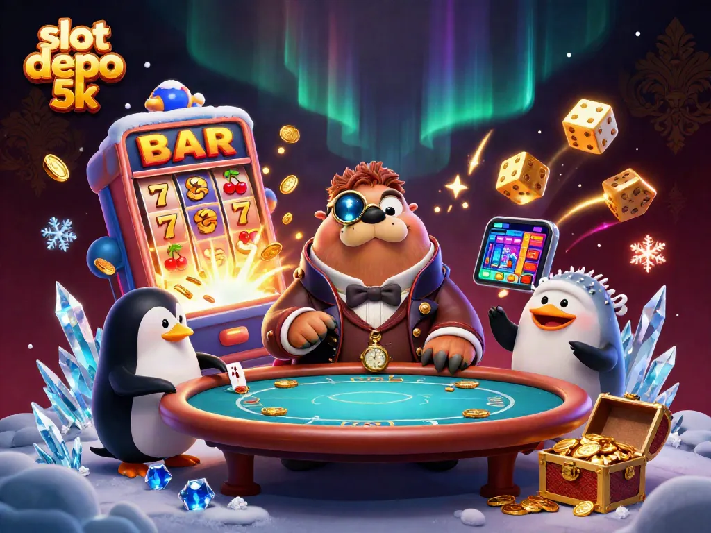 Engage with the exciting slot depo 5k experience, showcasing animated gambling characters in a lively casino scene.