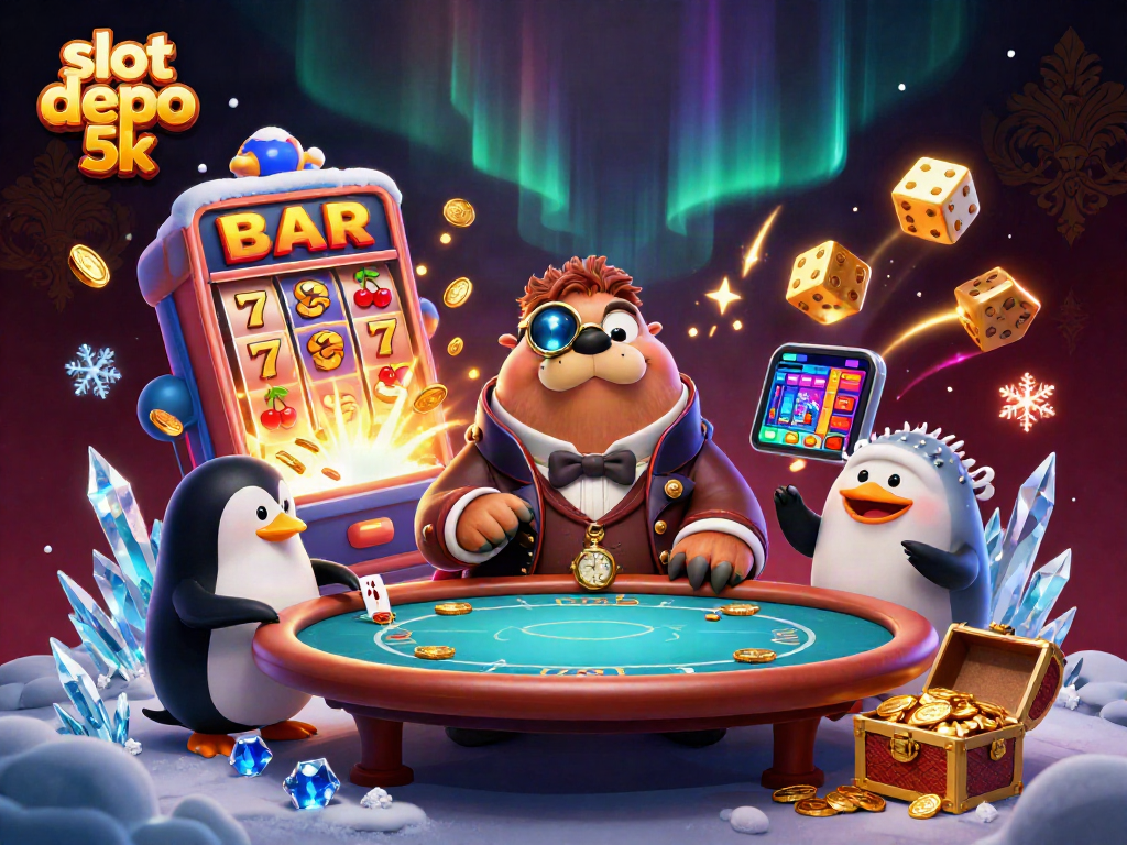 Engage with the exciting slot depo 5k experience, showcasing animated gambling characters in a lively casino scene.