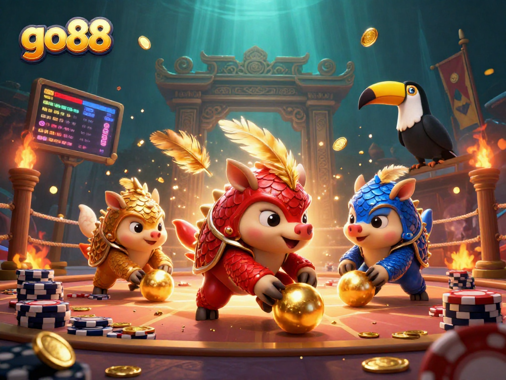 Go88 offers thrilling casino action with visually striking pangolin characters amidst poker chips and vibrant graphics.