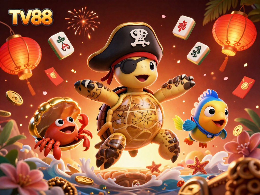 Experience excitement at TV88 with vibrant treasures and festive elements in this gambling-themed illustration.
