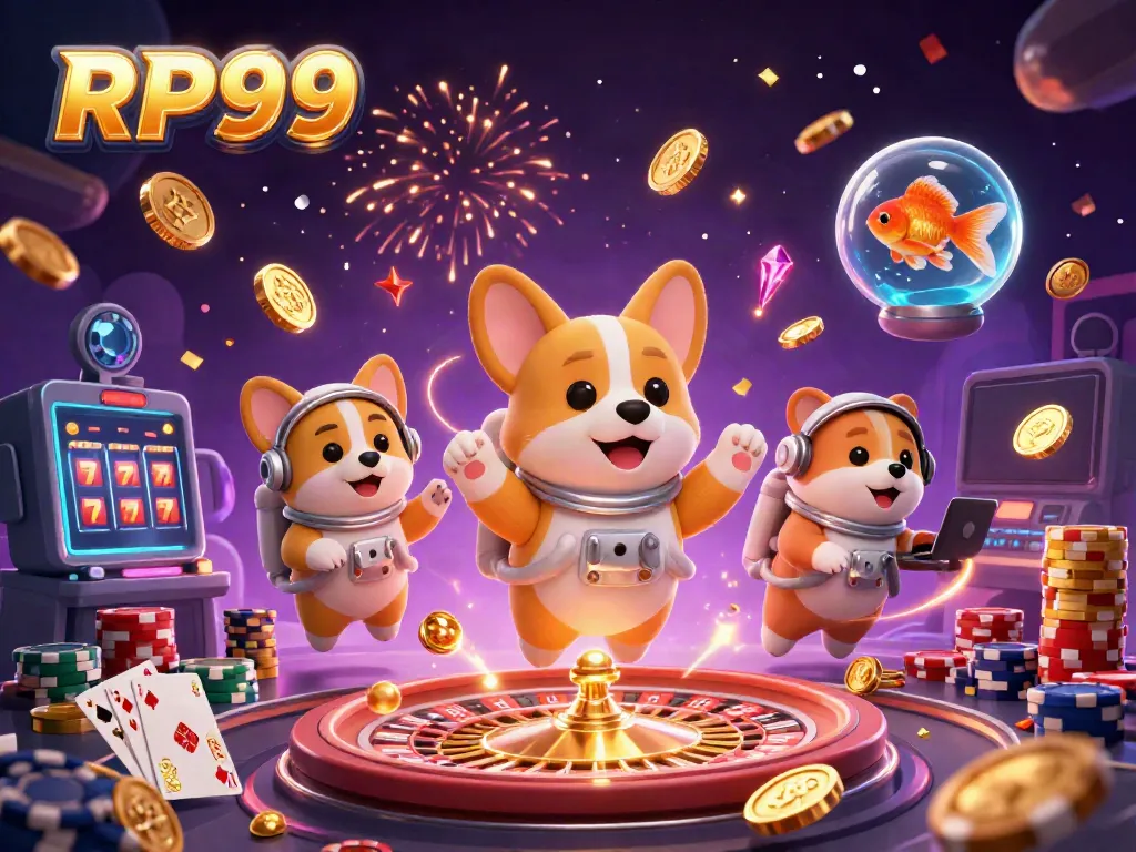 Engage in exciting gameplay with RP99 as a 3D astronaut corgi explores a space station casino.
