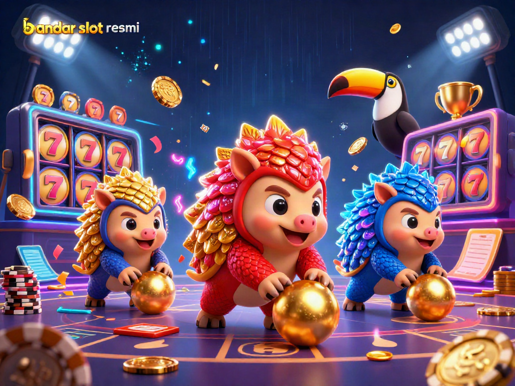 Sesi bermain menarik di bandar slot resmi dengan pangolin dan elemen slot mengelilingi mereka.