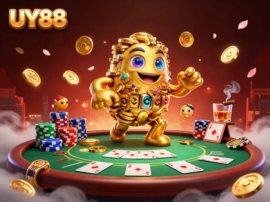 Experience thrilling gameplay at UY88 with a captivating golden golem surrounded by poker action.