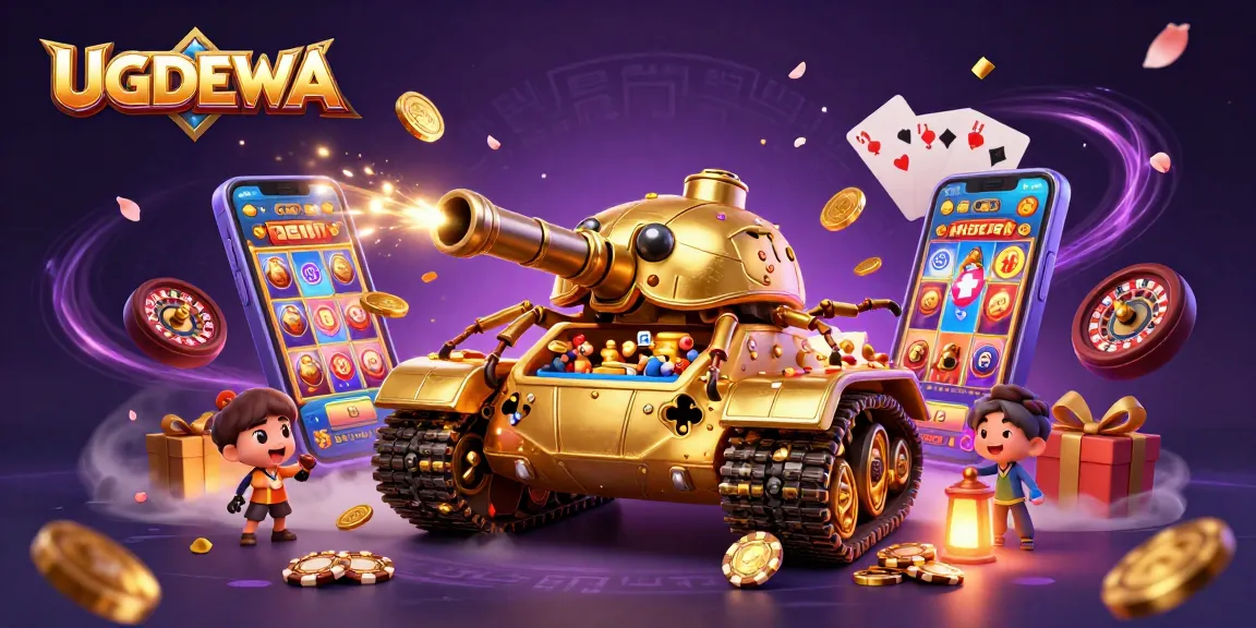 Experience the excitement of UGDEWA with a vibrant scene of a casino inside a golden beetle tank, showcasing gaming elements.