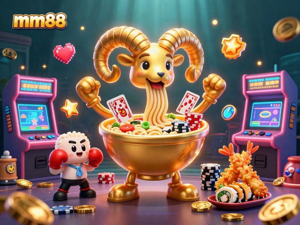 mm88 giant ramen bowl dealer stacking chips amidst vibrant gaming elements and cheerleaders