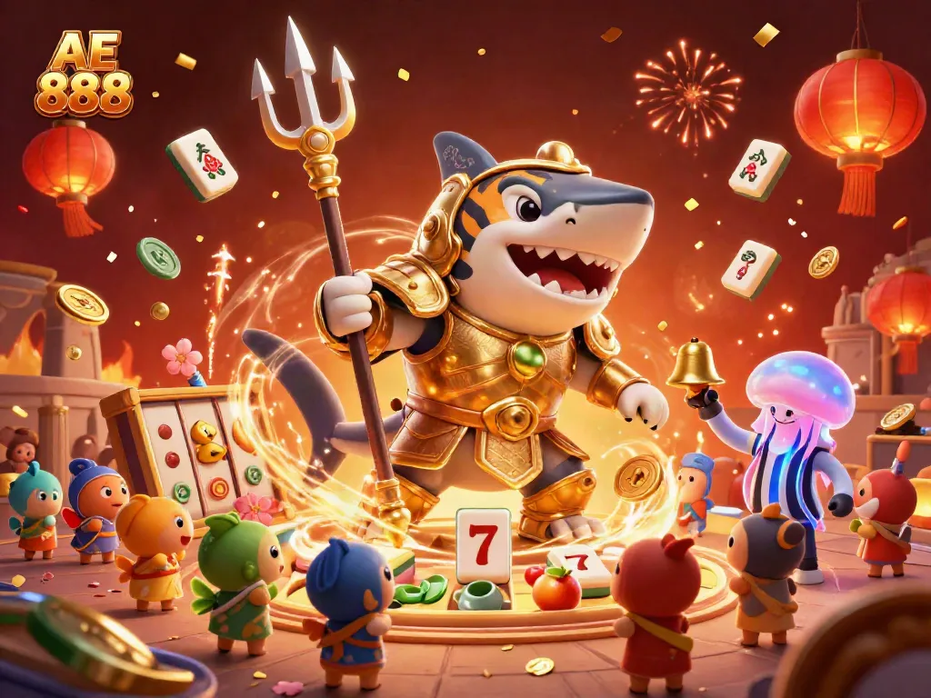 Experience the vibrant casino adventure of AE 888 with a lively underwater scene featuring a mighty shark and celebratory elements.
