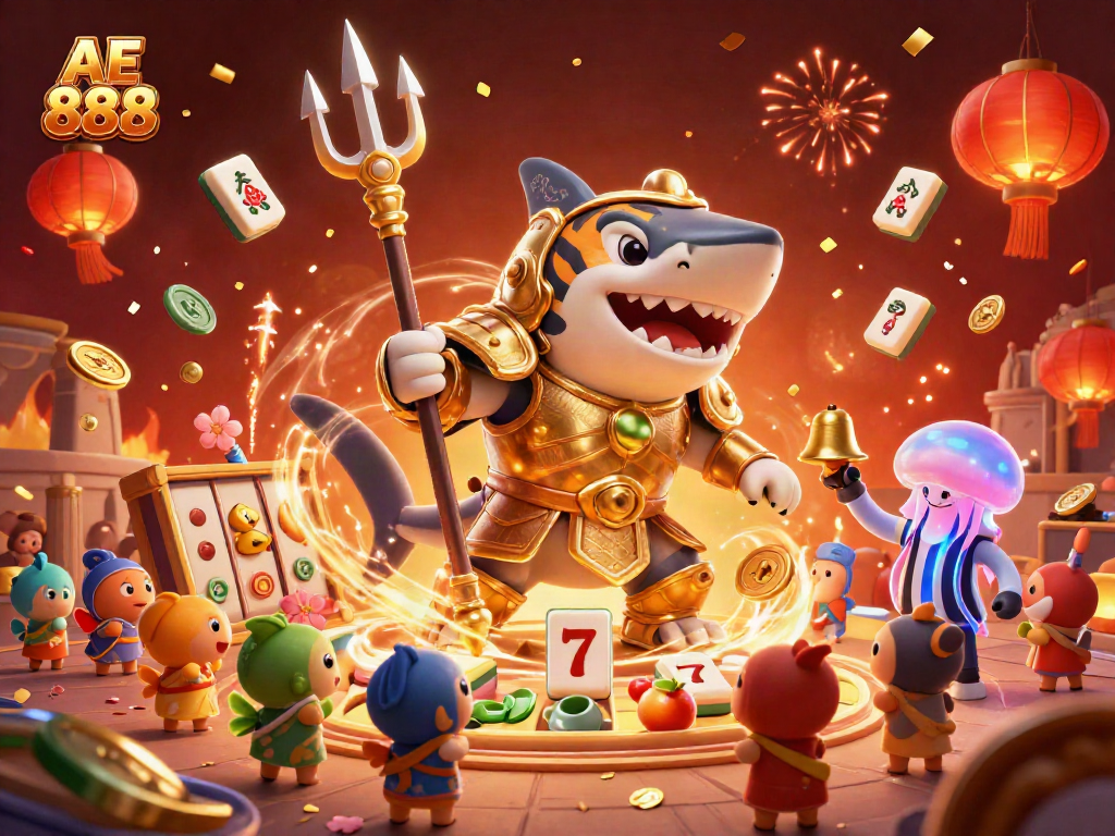 Experience the vibrant casino adventure of AE 888 with a lively underwater scene featuring a mighty shark and celebratory elements.
