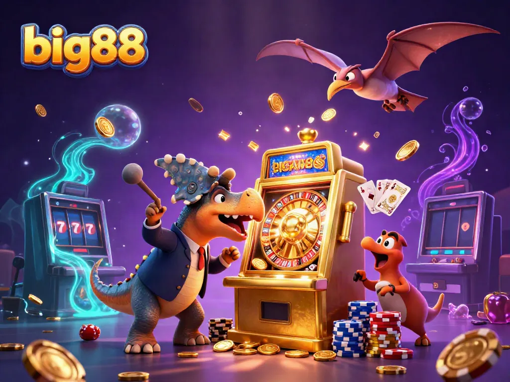 Experience the thrill of big88 with a fun 3D scene featuring dynamic casino elements and playful dinosaurs.
