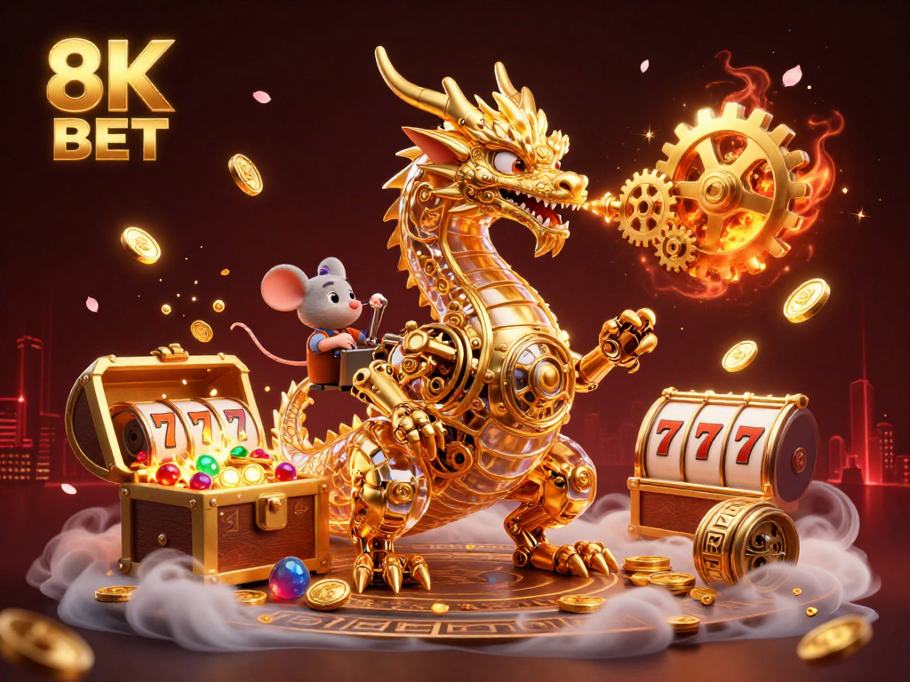 Experience thrilling wins at 8K BET with captivating 3D casino illustration showcasing vibrant games and rich treasures.