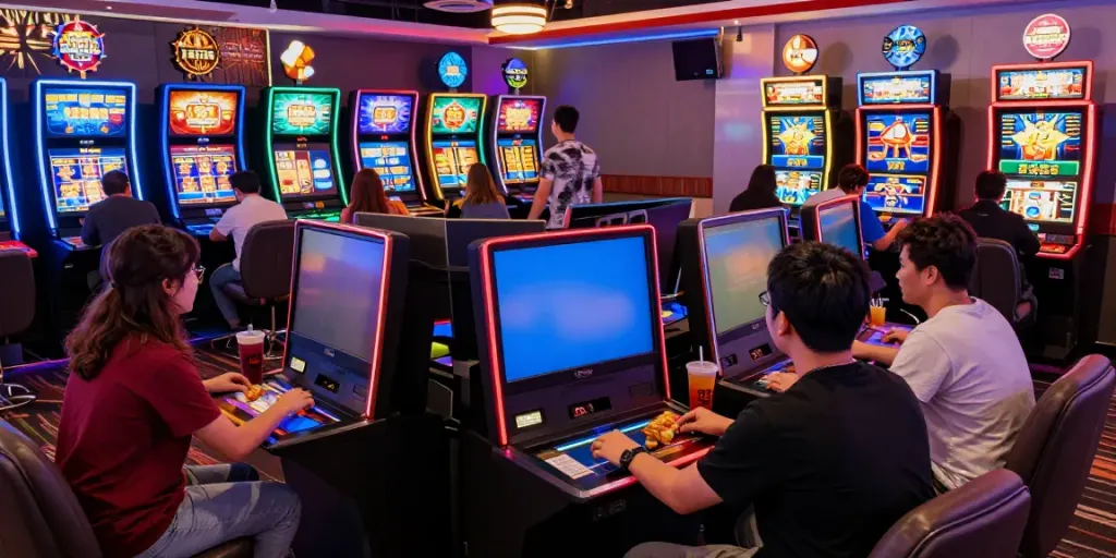 A vibrant online casino scene featuring players engaged in akunjp slot games with neon lights and dynamic graphics.