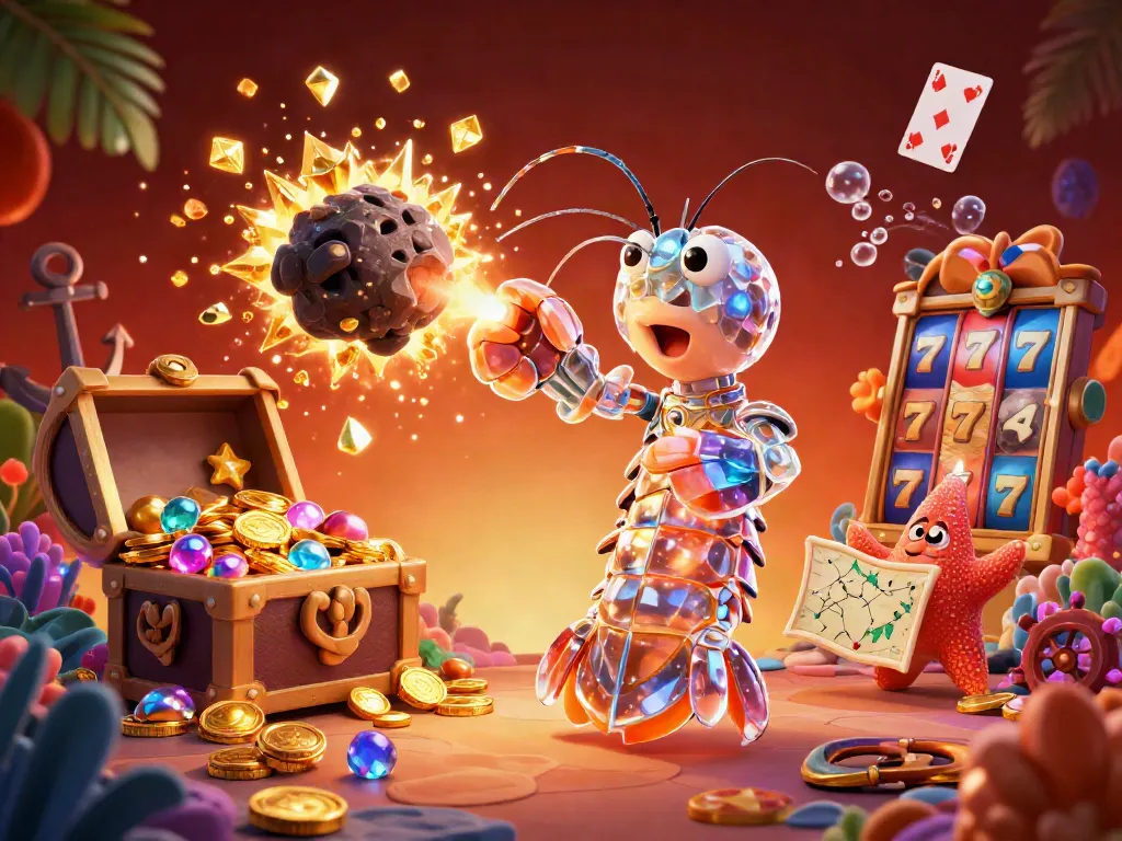 Experience the thrill of agen slot777 with a vibrant 3D illustrated scene of winning slot reels and treasure.