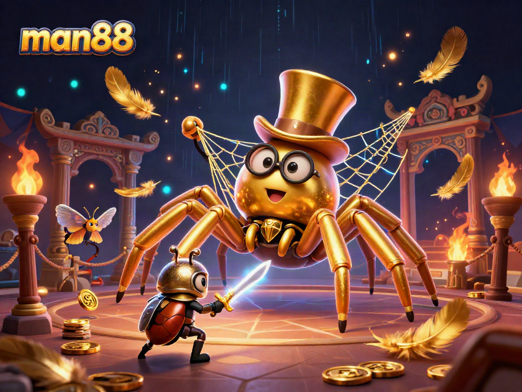 man88 entices players with a thrilling casino experience featuring a golden tarantula and knight.