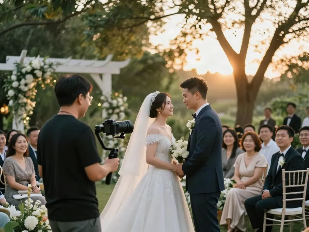 Videografi pernikahan yang mengabadikan momen bahagia pasangan di outdoor dengan suasana romantis.