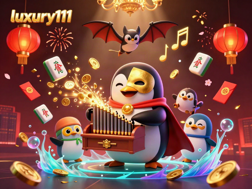Experience the thrill of luxury111 with a lively casino scene featuring a playful penguin and bat acrobat.