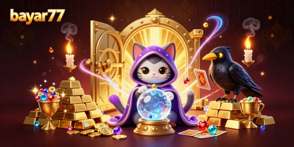 Engage with bayar77's thrilling gameplay through a mystical casino scene filled with treasures.