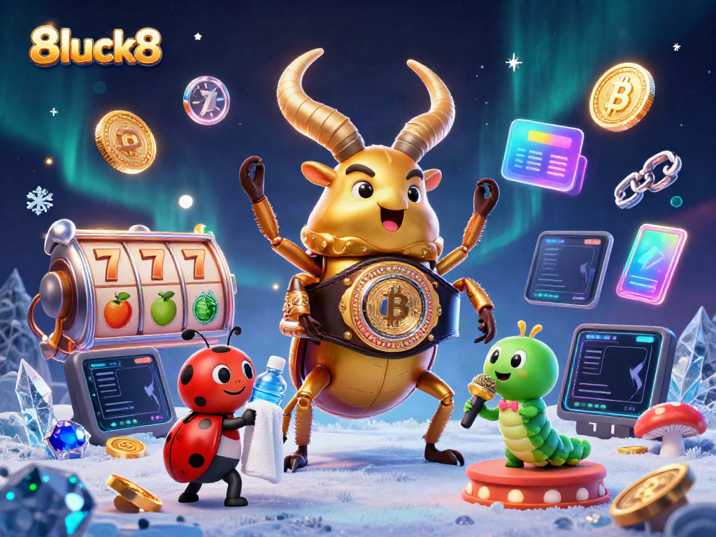 Win big at 8luck8 with our vibrant casino-themed 3D illustration featuring unique characters.