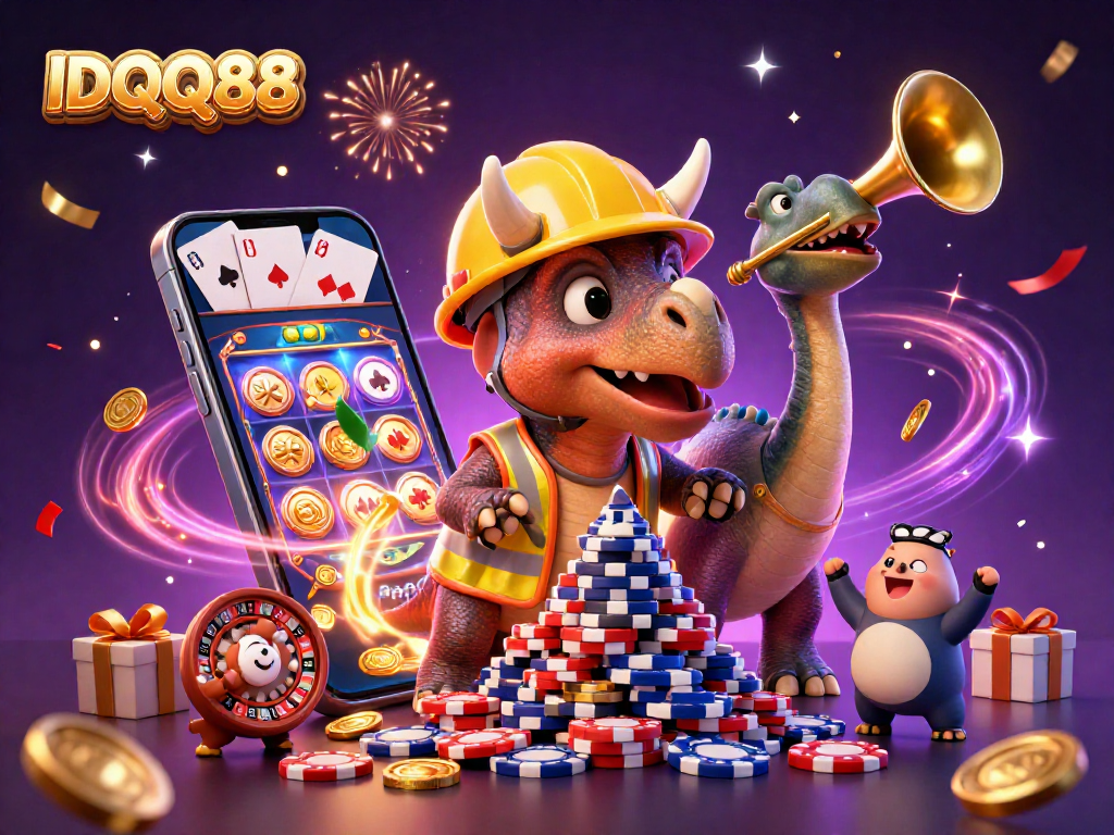 Celebrate wins at IDQQ88 with an energetic 3D casino scene featuring fun dino characters.