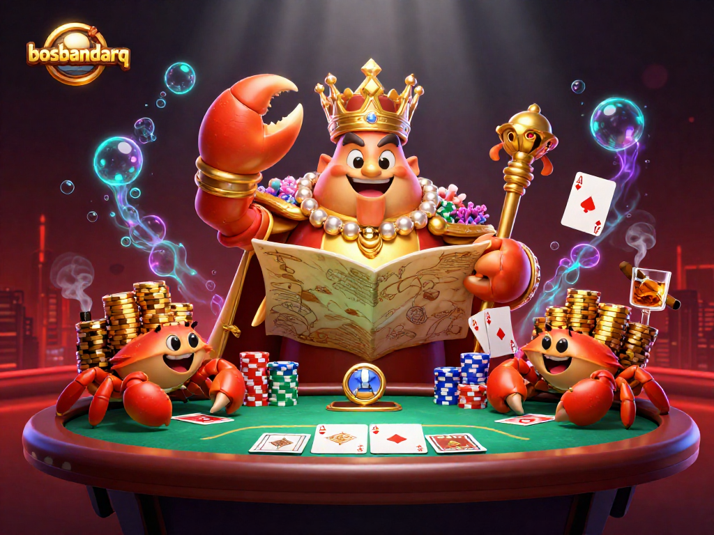 Bustling scene of bosbandarq featuring a golden crab emperor amidst poker tables and vibrant casino elements.