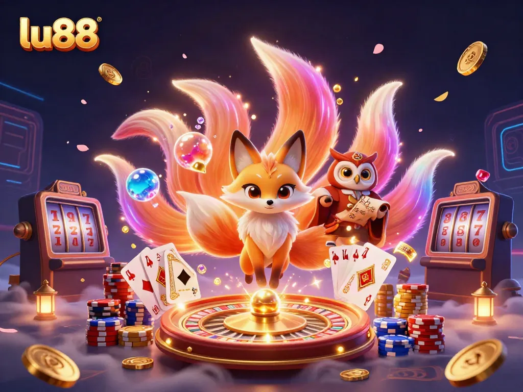 Experience vibrant wins with lu88, featuring a nine-tailed fox spirit surrounded by casino riches and enchanting orbs.
